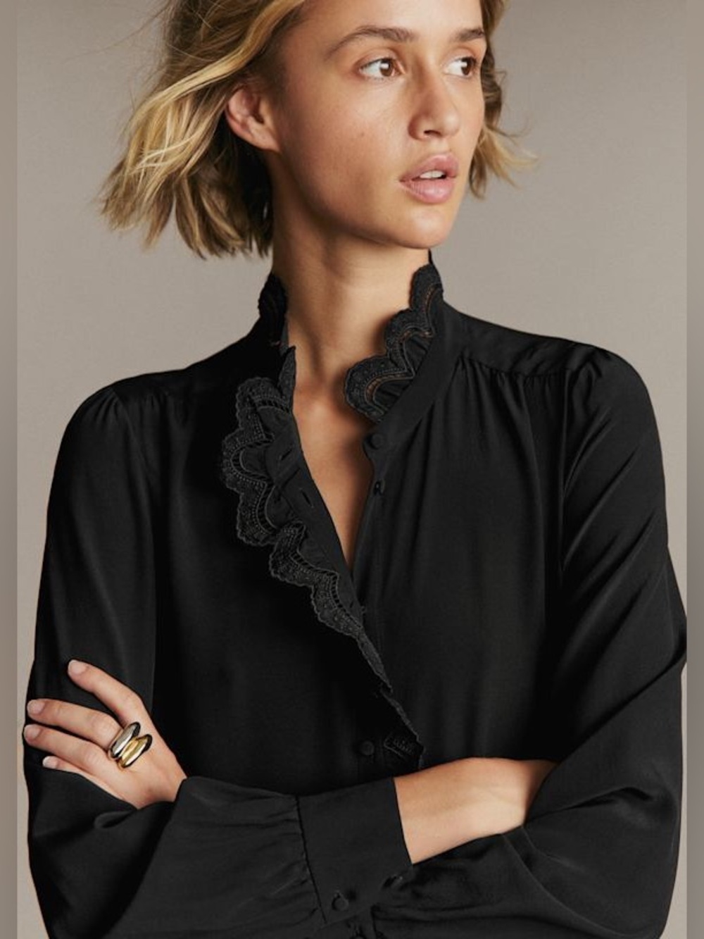 Sezane CHLO Black Lace-Trim Button Front Women's silk Blouse